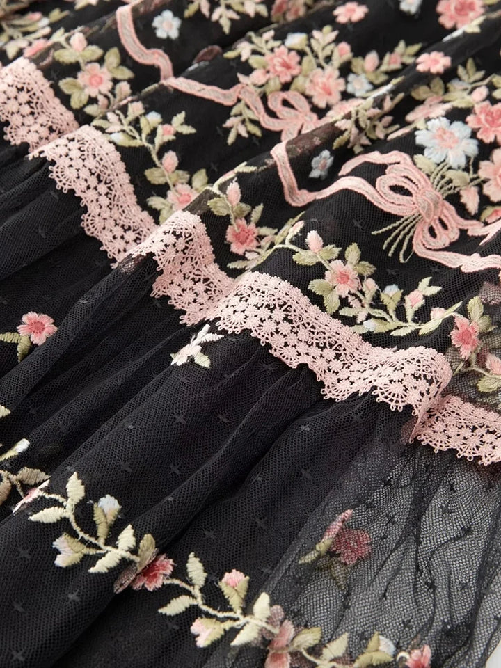 Vintage Autumn Maxi Dress | Mesh & Floral Embroidery | High Waist & Lantern Sleeves