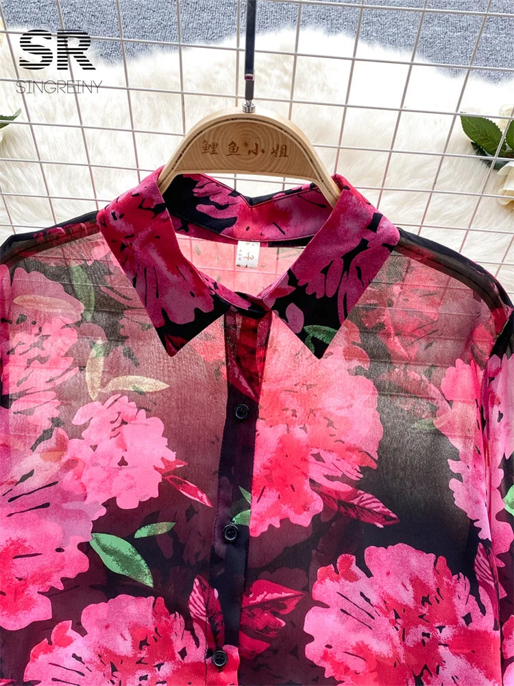 Floral Print Women's Shirt - Elegant, Chic, and Retro - Sizes up to 110cm - Summer Must-Have