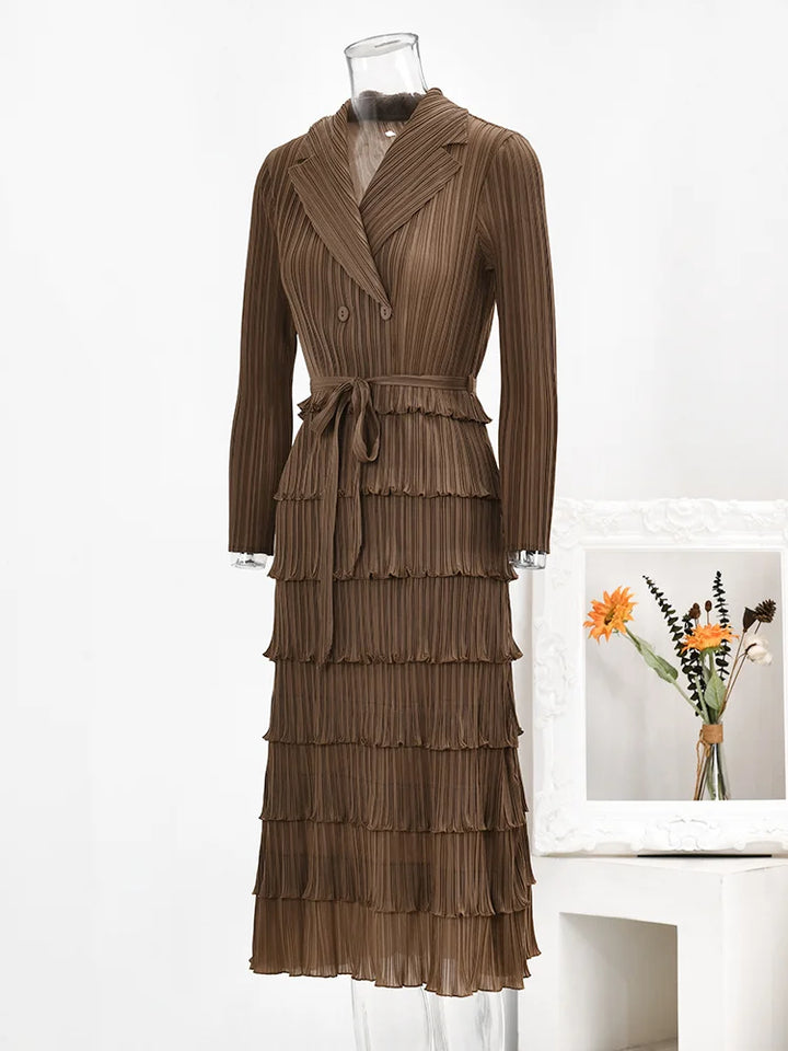 LANMREM Designer Pleated Dress for Women - Laple, Double Breasted, Long Sleeves, 2024 New Collection