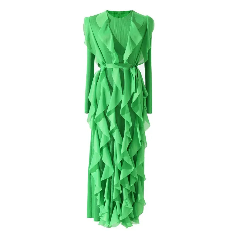 2024 Spring Chic Style Ruffles Dress with Belt - YUDX Miyake