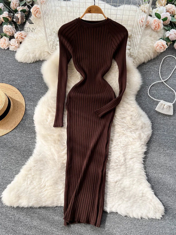 SINGREINY Winter Knit Maxi Dress - Slim Solid Pencil Sweater