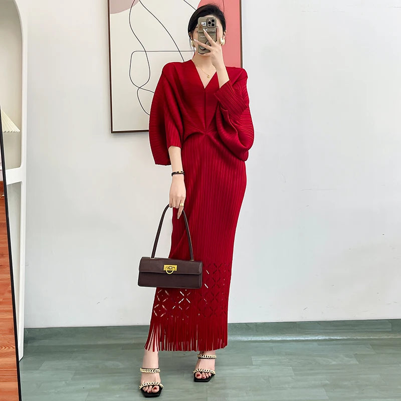 Elegant Pleated Tassel Maxi Dress for Women - Summer 2023 Party Prom - Bat Sleeve - 5 Colors