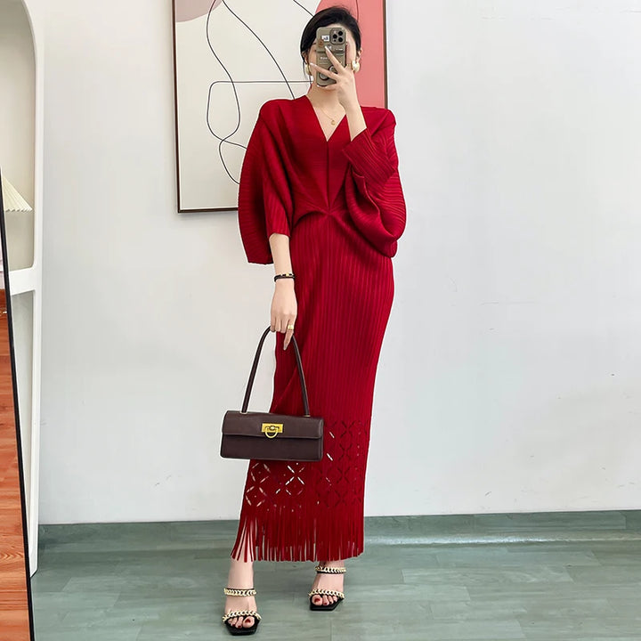 Elegant Pleated Tassel Maxi Dress for Women - Summer 2023 Party Prom - Bat Sleeve - 5 Colors