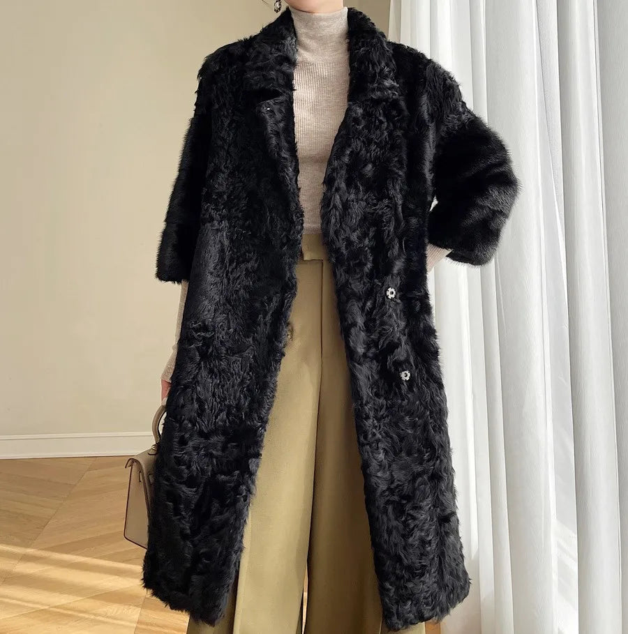 Lamb fur coat for women, light luxury, sheepskin, fur one piece coat, patchwork whole mink, V-neck, medium length, winter 2023