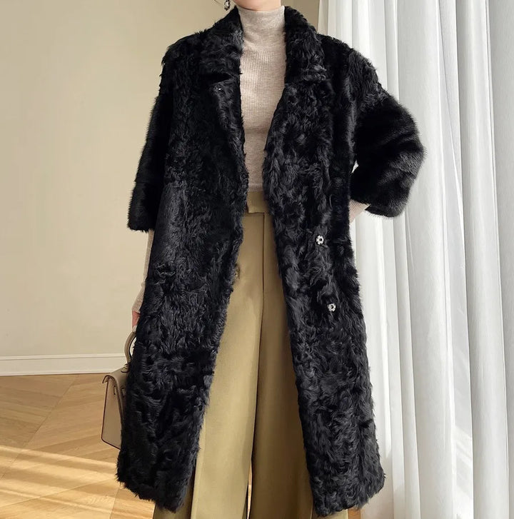 Lamb fur coat for women, light luxury, sheepskin, fur one piece coat, patchwork whole mink, V-neck, medium length, winter 2023
