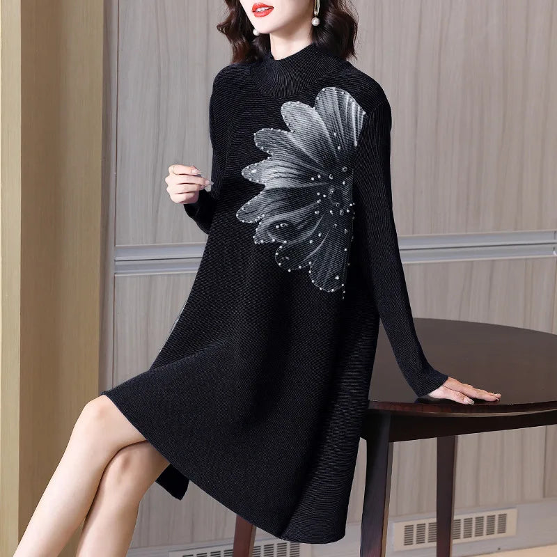 Autumn Winter 2023 Pleated Dress - Velvet Print, Loose Fit, Half-High Collar, Large Size