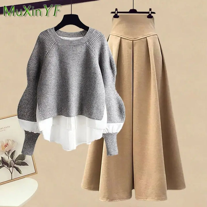 2023 Autumn/Winter New Korean Elegant Splice Fake Two Piece Knitted Sweater Dress Matching Set Women's Chic Pullover Skirt Set