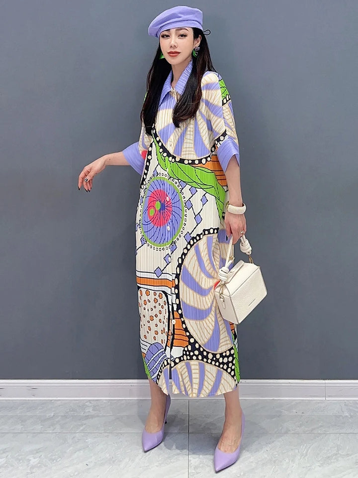 SHENGPALAE Draped Printed Dress For Women Contrast Color Niche Design Lapel Loose