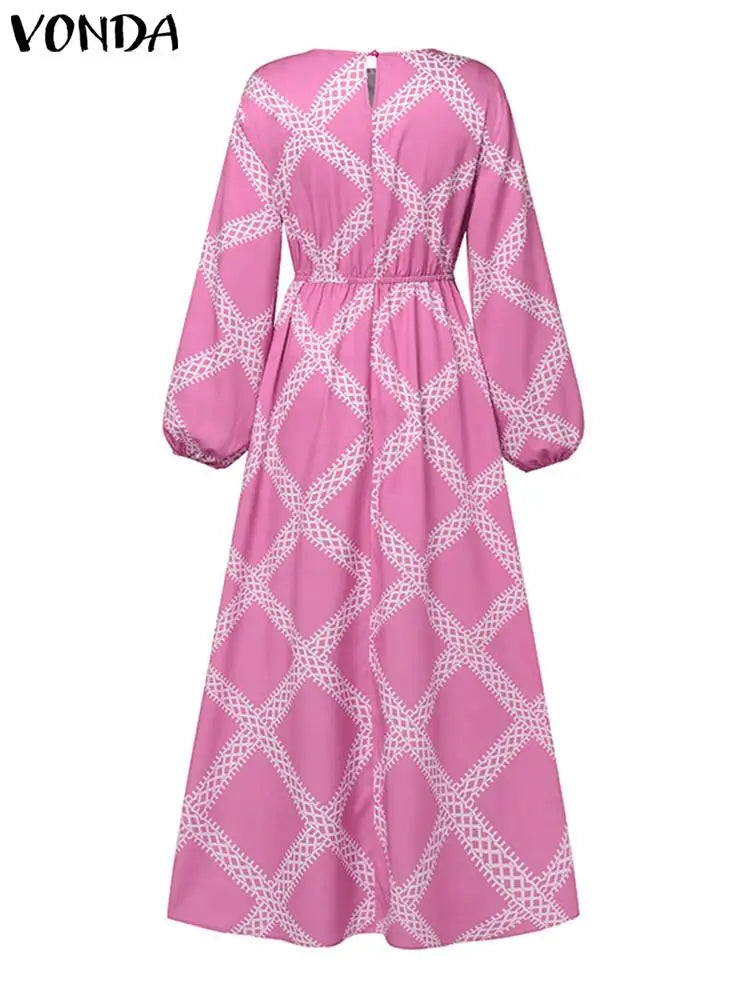 Plus Size 5XL VONDA Autumn Maxi Dress Women Bohemian Printed Long Sleeve Ruffled Party Sundress Casual Vintage Holiday Robe