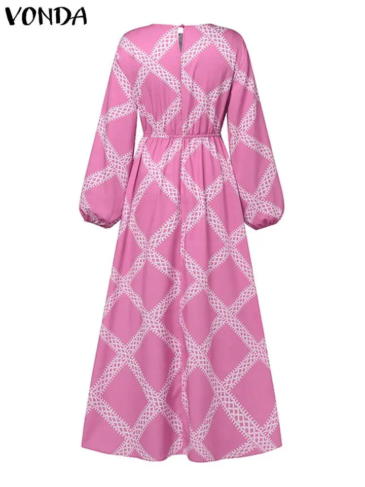 Plus Size 5XL VONDA Autumn Maxi Dress Women Bohemian Printed Long Sleeve Ruffled Party Sundress Casual Vintage Holiday Robe