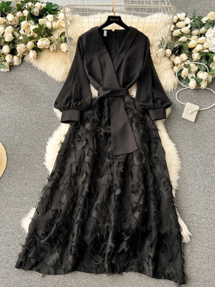 Vintage Black Long Party Dress with French Bubble Sleeves