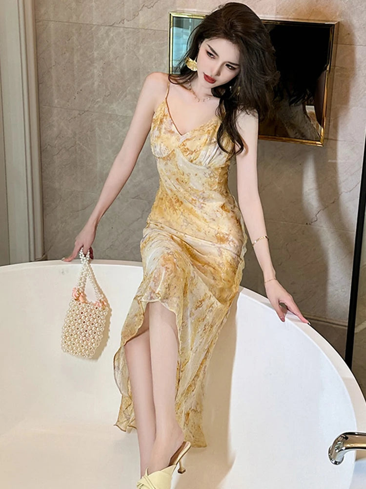 Yellow Chiffon Ruffle Dress Set - 2023 Summer Collection for Women - Beach Boho Outfits