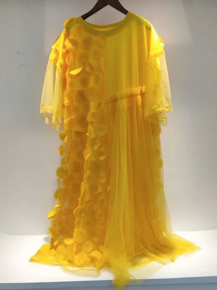 2024 Spring Trend: SHENGPALAE Elegant Yellow Dress for Women - O-Neck, Short Sleeve, Mesh Spliced - Y2K Clothes Vestido