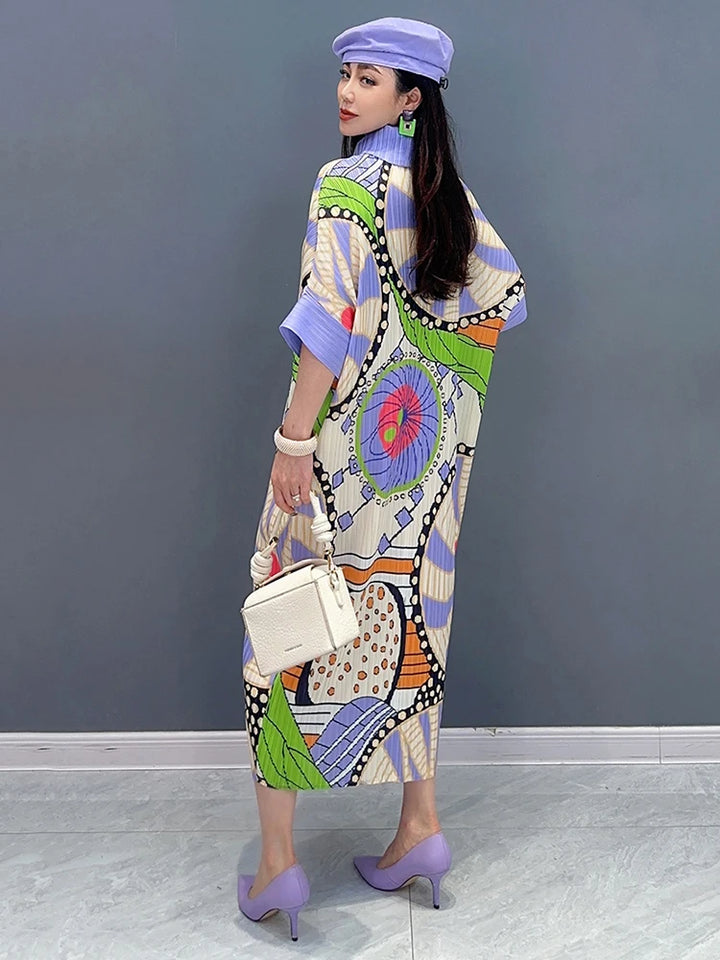 SHENGPALAE Draped Printed Dress For Women Contrast Color Niche Design Lapel Loose