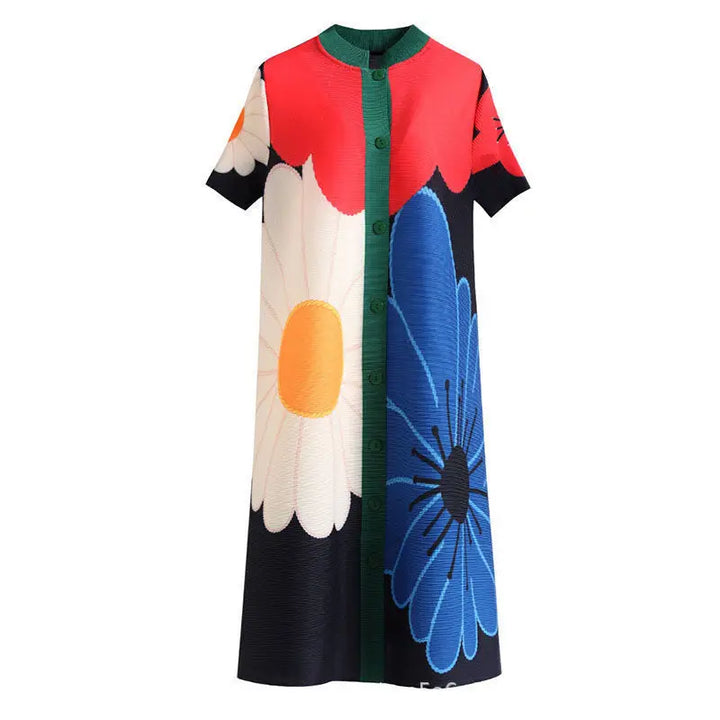 Luxury Oversized Pleated Shirt Dress with Standing Collar - 2023 Fashion Print