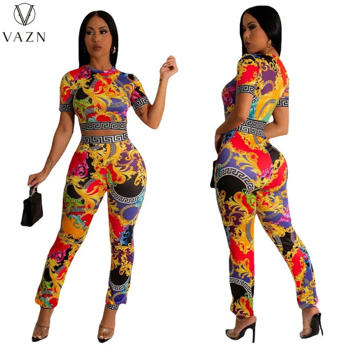 Upgrade Your Style: VAZN 2023 Women's Streetwear Set - 2 Piece Short Sleeve Top and Long Pants