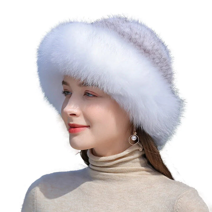 Hot Sell Winter Knitted 100% Natural Mink Fur And Fox Fur Hats Lady Fluffy Genuine Fox Fur Cap Women Luxurious Real Mink Fur Hat