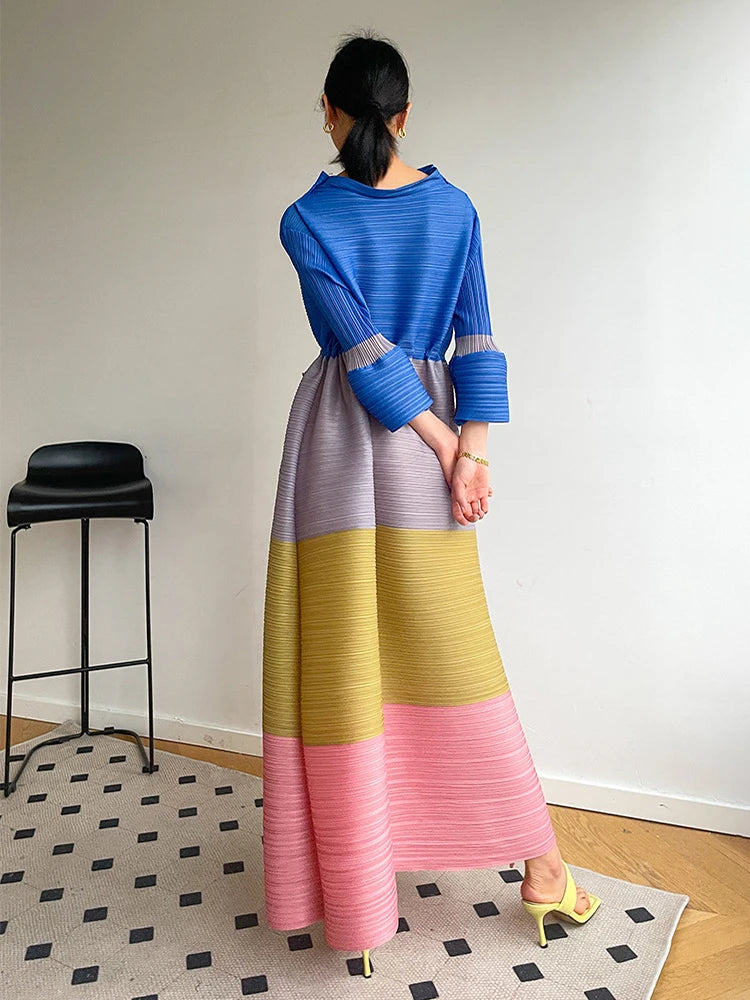 2024 Spring Summer Fashion Plus Size Color-block Dress with Flared Sleeves and Belt