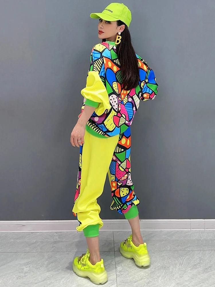 Spring Printed 2-Piece Set: Loose O-Neck Top & Drawstring Pants - SHENGPALAE 2024