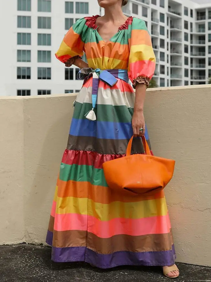 Elegant Multicolor Striped Maxi Dress with Puff Sleeves and V-Neck for Women - Perfect for Parties and Special Occasions