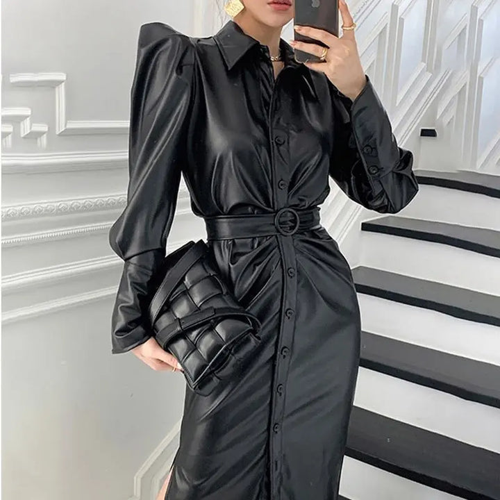 Chic PU Leather Motorcycle Dress - High Waist, Long Split Sleeves, Belted - Women's Autumn Collection