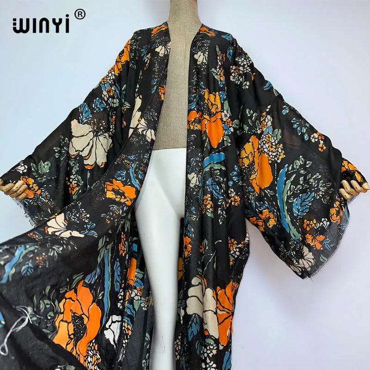 Stunning Summer Beach Cover-Up: WINYI Boho Maxi Dress with Gilded Print & Soft Cotton Fabric