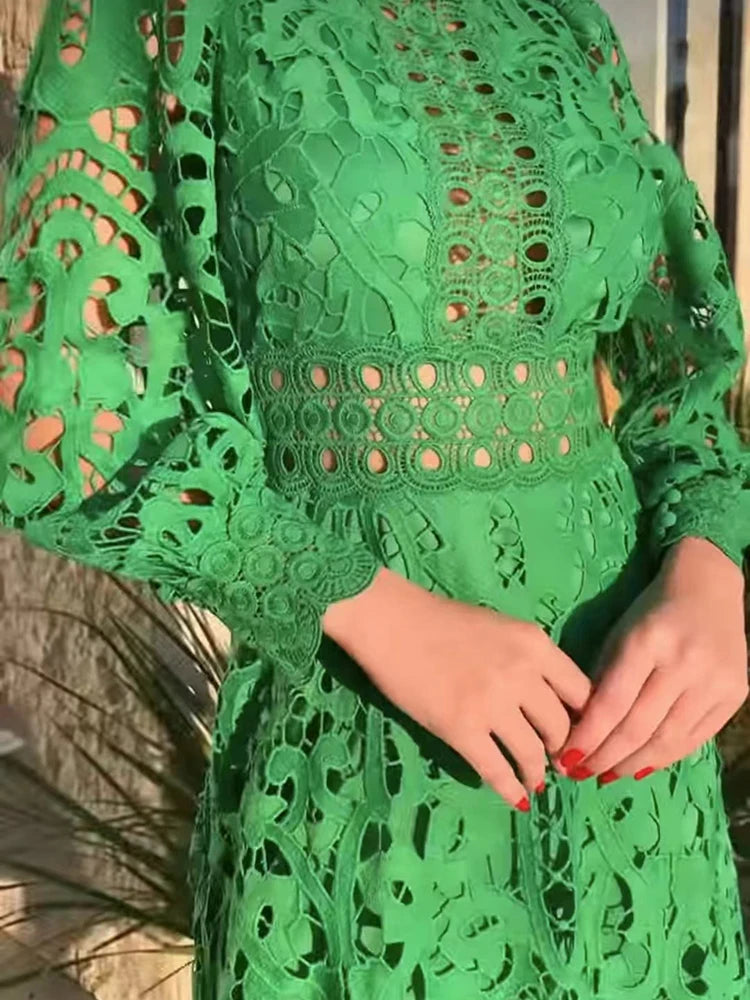 Vintage Lace Panel Dress for Women - High Waist, Stand Collar, Long Sleeve - Spring Fashion