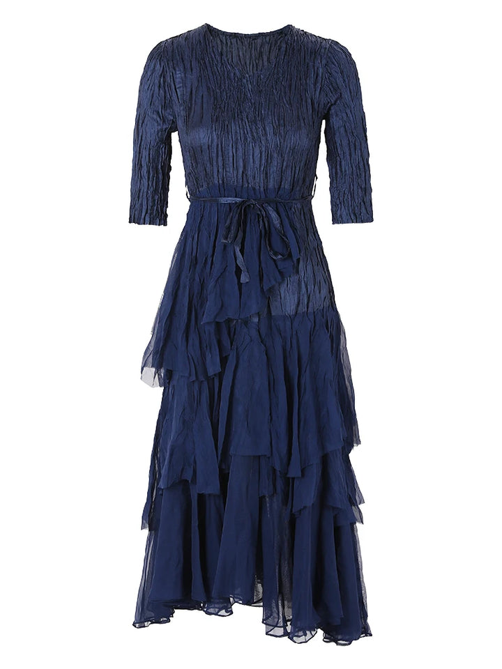 Stylish LANMREM 2024 Pleated Dress with V Neck and Belt - Perfect for Parties!