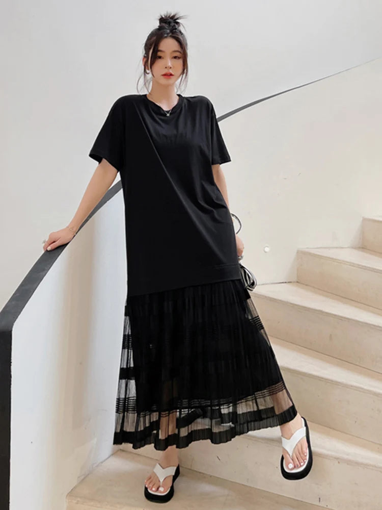 Stunning Korean Summer Dress - Mesh Patchwork, Pleated, Short Sleeve - Elegant 2022 Fashion for Women