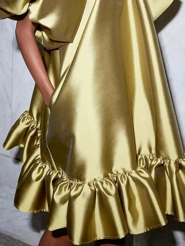 Gold Turtleneck Puff Sleeves Midi Dress