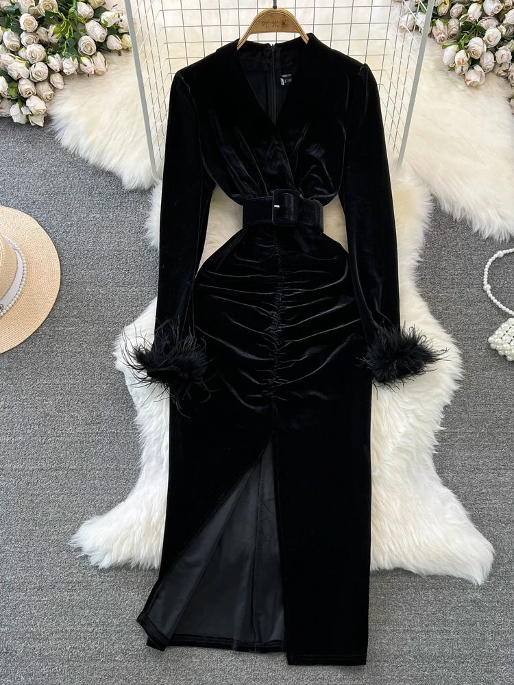 XFPV Women Velvet V-Neck Dress Autumn Winter 2024