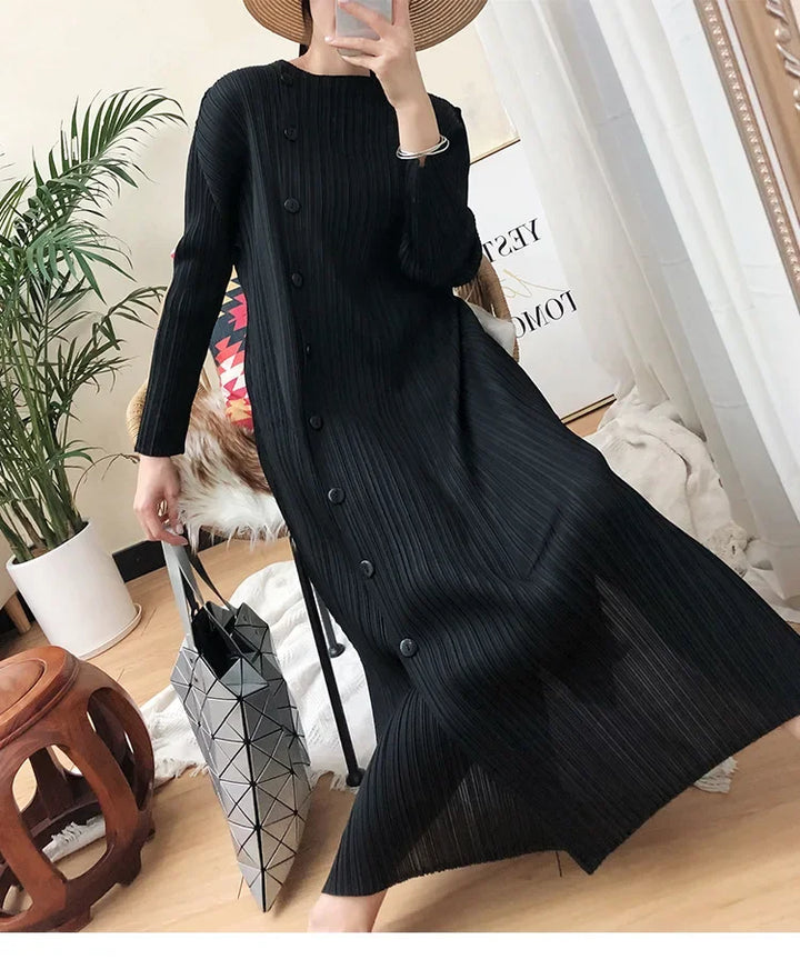 Elegant ALSEY Miyake Pleated Dress - Solid Color, Loose Fit, Long-sleeved - Sizes for Women 2024