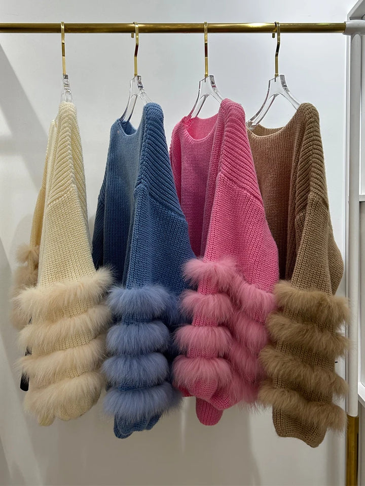 Real Fox Fur Knit Sweater - Loose Fit, Autumn/Spring - 100% Genuine Fur