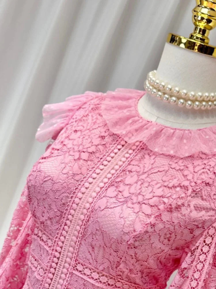 Chic Ruffle Patchwork Lace Dress | High Waist | Autumn Winter 2023