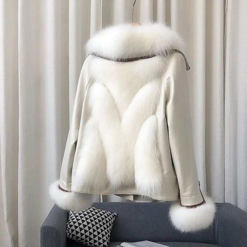 ZDFURS*High-End Imported Whole Leather Fox Fur Fur Coat Women's Short Haining New Motorcycle Sheepskin down Jacket Coat