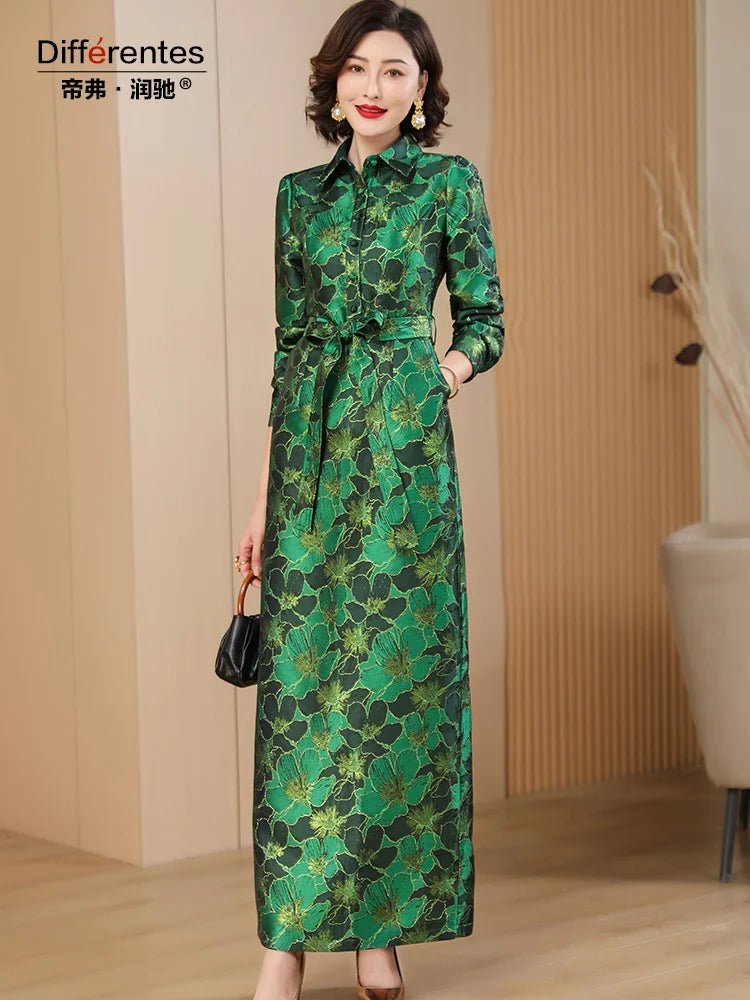 Green Floral Pencil Dress with Belt - Slim Fit, Long Length - 3cm Error