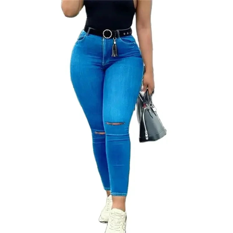 Flattering High Waist Pencil Jeans with Broken Holes - Perfect for Office or Casual Wear