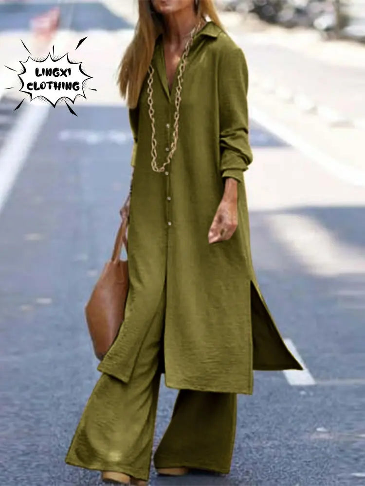 Upgrade Your Autumn Style with Our Long Sleeve Shirt and Wide Leg Pants Set - Sizes Up to Large!