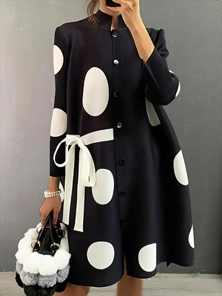 Stylish Polka-Dot Midi Dress with Stand Neck and Button Detail - Spring/Autumn Collection
