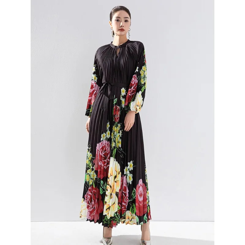 2024 Miyake High End Printed Pleated Dress - Long Formal with Waist Tie Up