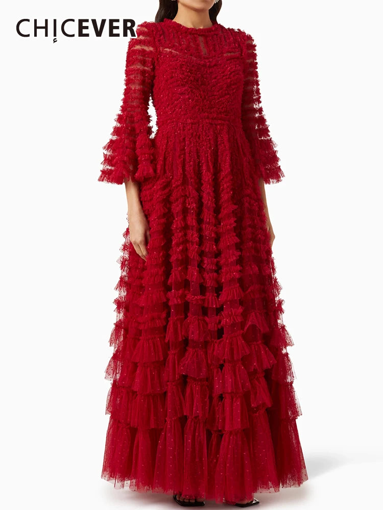 CHICEVER Spliced Patchwork Mesh Dress - Flare Sleeve, High Waist, Casual, Loose A Line - Autumn, Women