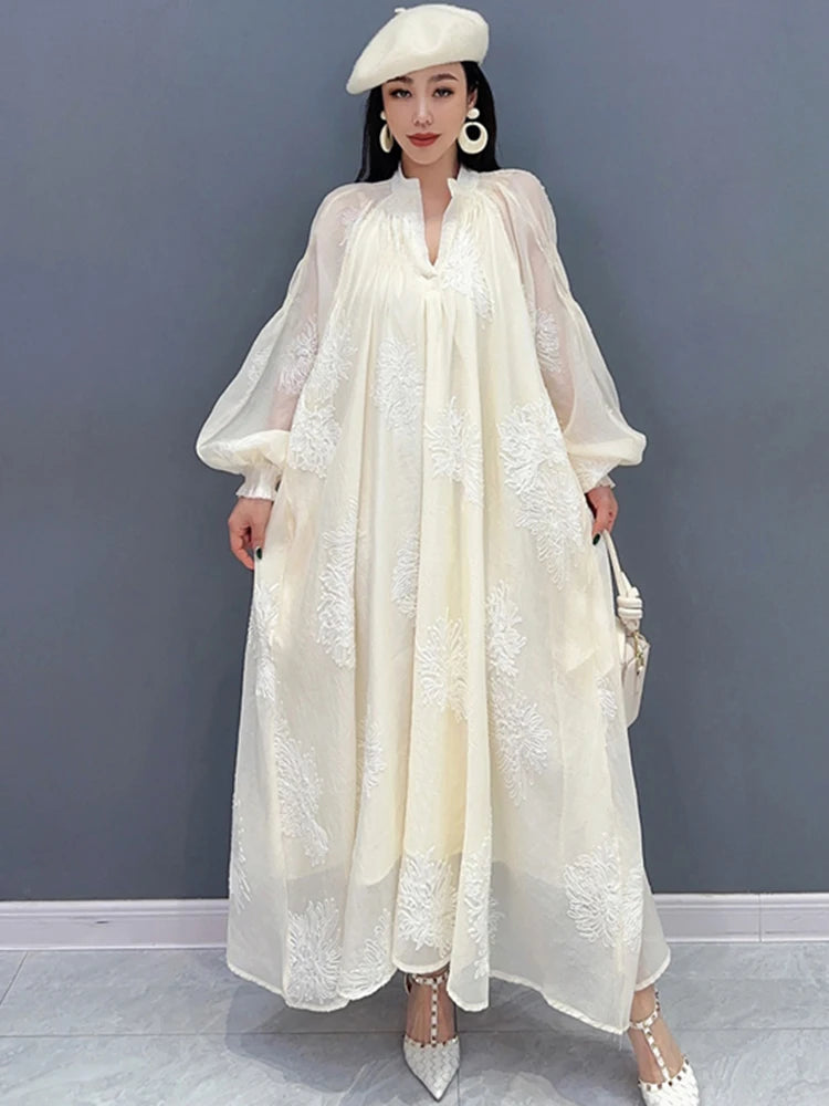 2024 Spring French Bubble Sleeve Dress for Women - Embroidered, Loose Fit, Chic - SHENGPALAE 5R9590