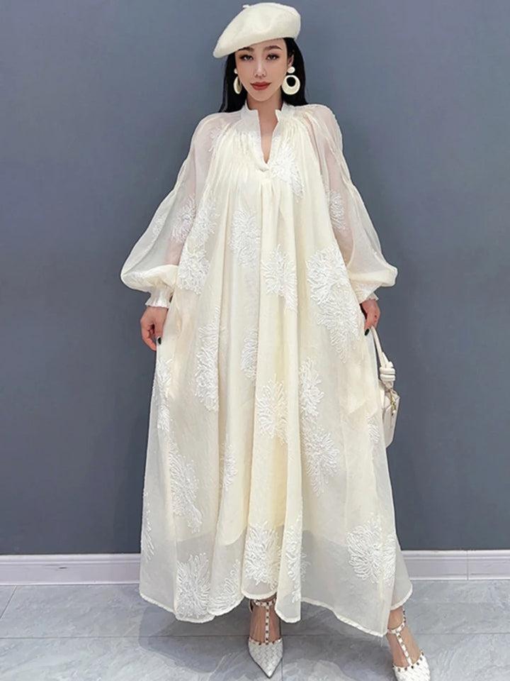 2024 Spring French Bubble Sleeve Dress for Women - Embroidered, Loose Fit, Chic - SHENGPALAE 5R9590