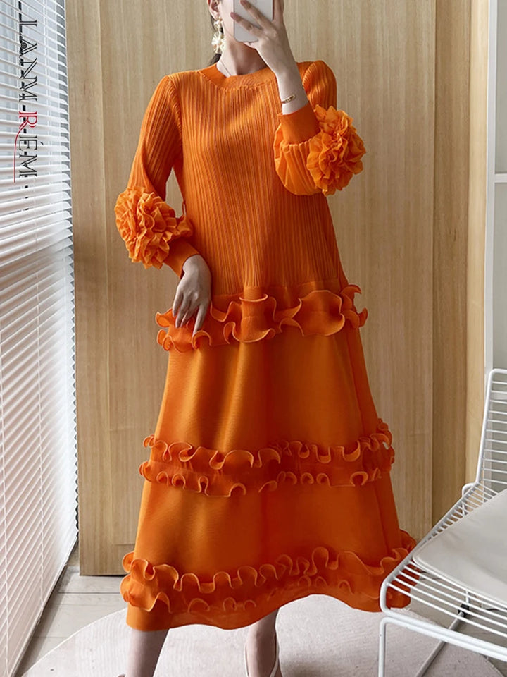 LANMREM Floral Pleated Dress - Elegant, A-line, Long Sleeves - Perfect for Parties!