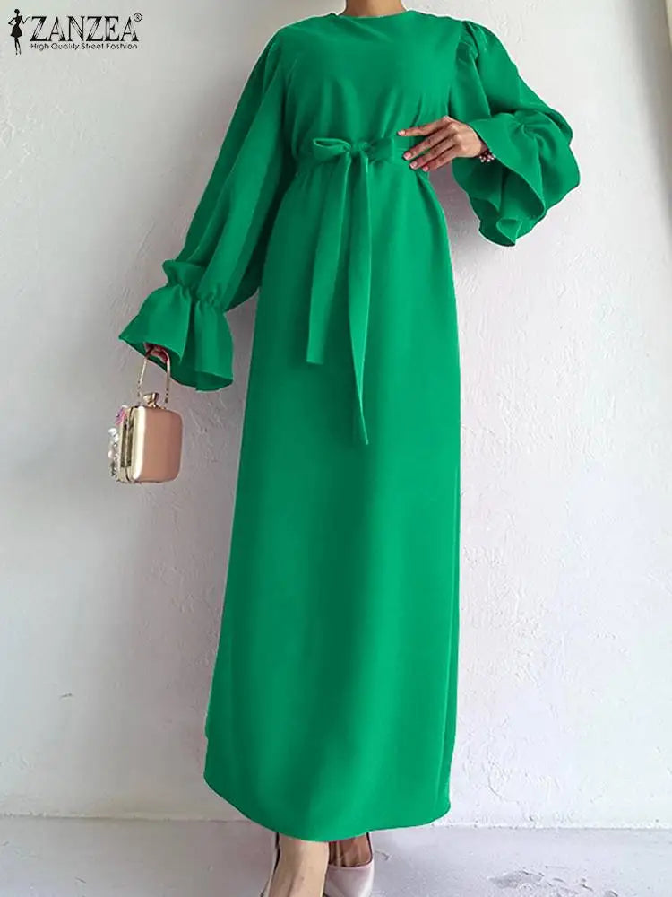 Vintage Maxi Dress with Ruffled Cuffs and Belt - ZANZEA 2023 Autumn Collection