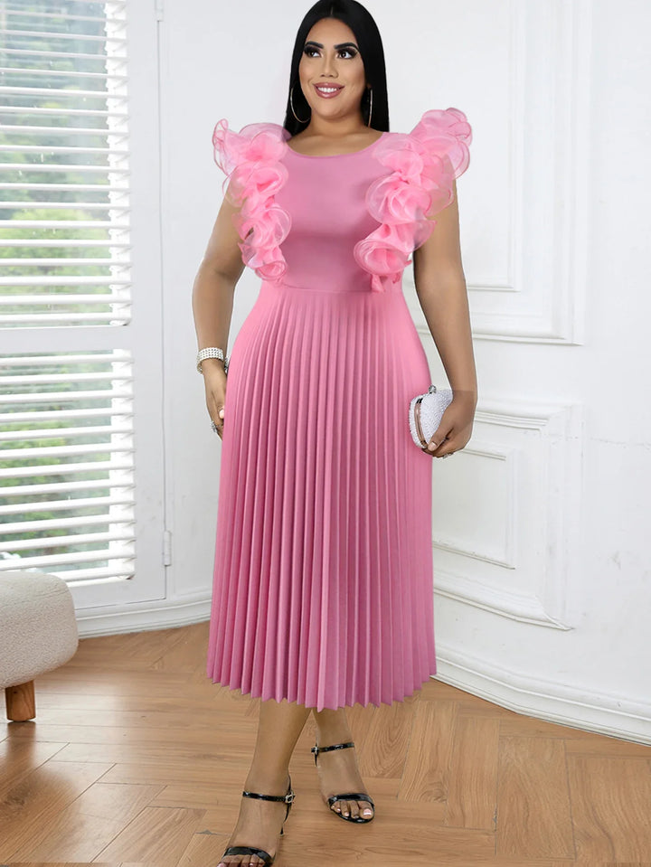 Pink Plus Size Pleated Dress - Ruffles Sleeveless A Line - Casual/Party/Evening/Birthday - 3XL/4XL/High Waist - 121cm