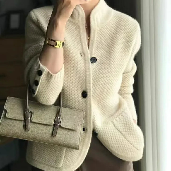 Women's Autumn Winter Long Sleeve Standing Neck Cardigan Fashion Casual Versatile Coats Commuting Solid Color Knitting Lady Tops