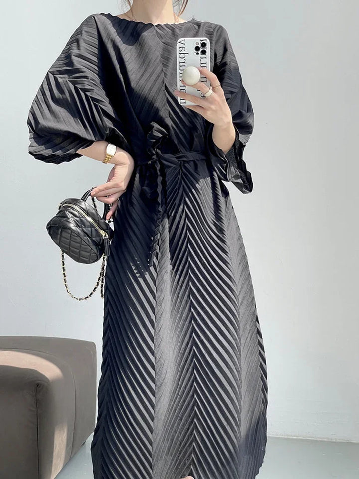 EGRM Fashion Miyake Pleated Dress - A-line, Casual, O-Neck, Half Sleeves, Belt - 2024 Spring Collection