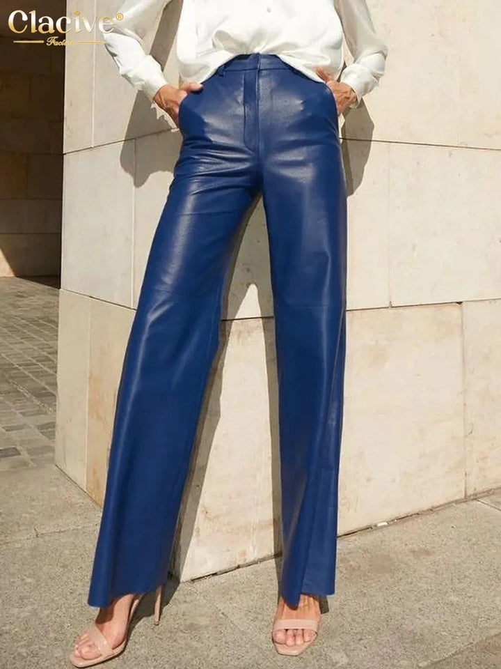 Clacive Fashion Blue Pu Leather Women'S Pants Elegant Slim High Waist Straight Trousers Streetwear Pantalones Female Clothing