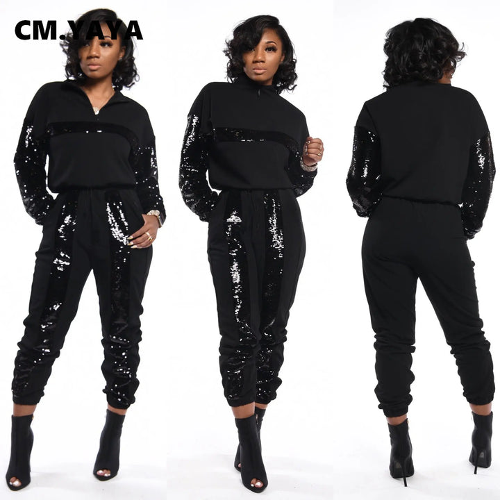 CM.YAYA sequined striped patchwork Women's Tracksuit Long Sleeve zipper turn-down collar pullover Pants Two 2 Piece Set Outfits